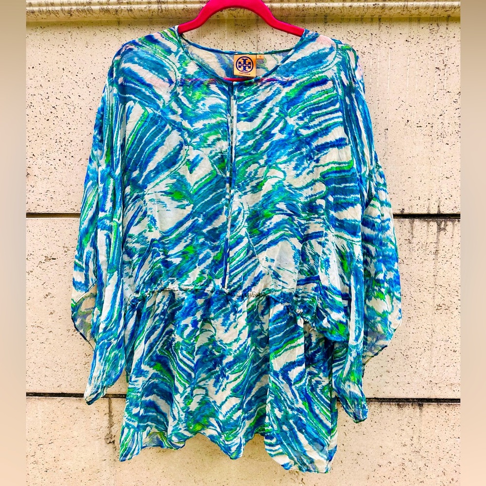 Tory Burch Kimono Peasant Sheer Blue Green Blouse Tunic Top Size 12